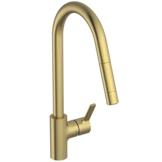 IDEAL STANDARD GUSTO - Kuchyňská baterie 115x276x456 mm, svislá vzdálenost od středu výtoku 241 mm, broušené zlato, 5,9 l/min (3 bary) - EasyFix+, skrytý perlátor, FirmaFlow, 2 druhy proudu, vytahovací ruční sprcha, PVD technologie #BD416A2 - Brushed Gold