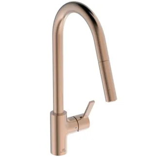 IDEAL STANDARD GUSTO - Kuchyňská baterie 115x276x456 mm, svislá vzdálenost od středu výtoku 241 mm, broušená měď, 5,9 l/min (3 bary) - EasyFix+, skrytý perlátor, FirmaFlow, 2 druhy proudu, vytahovací ruční sprcha, PVD technologie #BD416J4 - Sunset Rose