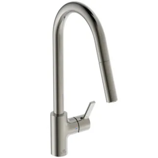 IDEAL STANDARD GUSTO - Kuchyňská baterie 115x276x456 mm, svislá vzdálenost od středu výtoku 241 mm, stříbrná bouře, 5,9 l/min (3 bary) - EasyFix+, skrytý perlátor, FirmaFlow, 2 druhy proudu, vytahovací ruční sprcha, PVD technologie #BD416GN - nerezová ocel