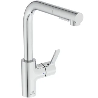 IDEAL STANDARD GUSTO - Kuchyňská baterie 115x275x333 mm, svislá vzdálenost od středu výtoku 235 mm, chrom, 6,1 l/min (3 bary) - EasyFix+, variabilní režimy proudu, FirmaFlow, 2 režimy proudu, vytahovací ruční sprcha, povrch SmartShine #BD420AA - chrom