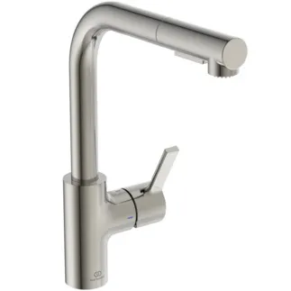 IDEAL STANDARD GUSTO - Kuchyňská baterie 115x275x333 mm, svislá vzdálenost od středu výtoku 235 mm, stříbrná bouře, 6,1 l/min (3 bary) - EasyFix+, variabilní režimy proudu, FirmaFlow, 2 režimy proudu, vytahovací ruční sprcha, PVD technologie #BD420GN - nerezová ocel