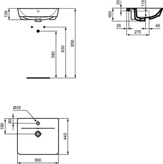 IDEAL STANDARD CONNECT AIR - Polozapuštěné umyvadlo 500x440x160 mm v bílém lesku, 1 otvor pro baterii, s přepadem #E030801 - Bílá (Alpine), obrázek 5