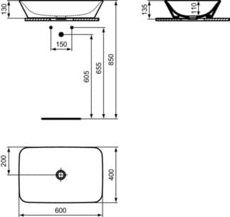 IDEAL STANDARD CONNECT AIR - mísa 600x400x135 mm, bílá lesklá, bez otvoru pro baterii, bez přepadu #E034801 - Bílá (Alpine), obrázek 5