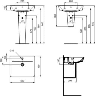 IDEAL STANDARD CONNECT AIR - Umyvadlo 550x460x160 mm v bílém lesku, 1 otvor pro baterii, s přepadem #E029901 - Bílá (Alpine), obrázek 7