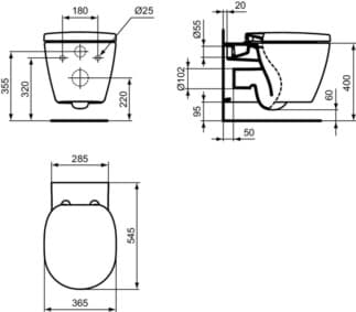 IDEAL STANDARD CONNECT - Závěsné WC 370x545x340 mm v bílé barvě, plné splachování CL1 4,5 - 6 l/min, horizontální odtok - CL1, technologie splachování AquaBlade, IdealPlus #E0479MA - Bílá (Alpine) s Ideal Plus, obrázek 5