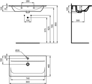 IDEAL STANDARD CONNECT AIR - Nábytkové umyvadlo 840x460x165 mm v bílém lesku, 1 otvor pro baterii, s přepadem #E027901 - Bílá (Alpine), obrázek 5