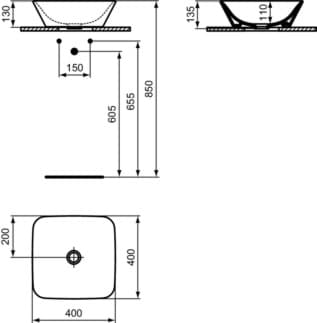 IDEAL STANDARD CONNECT AIR - mísa 400x400x135 mm, bílá lesklá, bez otvoru pro baterii, bez přepadu #E034701 - Bílá (Alpine), obrázek 5