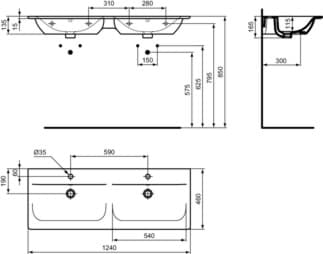 IDEAL STANDARD CONNECT AIR - Dvojité nábytkové umyvadlo 1240x460x165 mm v bílém lesku, 2 otvory pro baterii, s přepadem #E027301 - Bílá (Alpine), obrázek 5