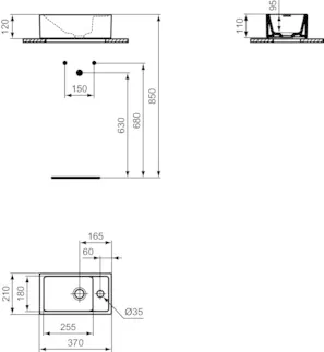 IDEAL STANDARD I.LIFE S - Umyvadlo s ručním oplachováním 370x210x120 mm v bílé lesklé barvě, 1 otvor pro baterii, bez přepadu - prostorově úsporné umyvadlo #E210901 - Bílá (Alpine), obrázek 2
