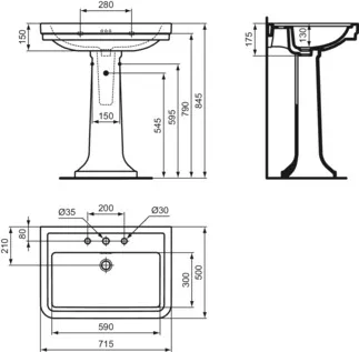 IDEAL STANDARD CALLA - Umyvadlo 715x500x175 mm, bílé lesklé, 3 otvory pro baterii, s přepadem #E222301 - Bílá (Alpine), obrázek 5
