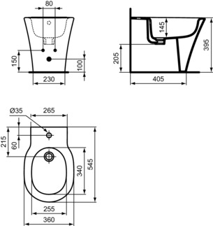 IDEAL STANDARD CONNECT AIR - Volně stojící bidet 360x545x395 mm v bílém lesku, 1 otvor pro baterii, s přepadem #E233401 - Bílá (Alpine), obrázek 5