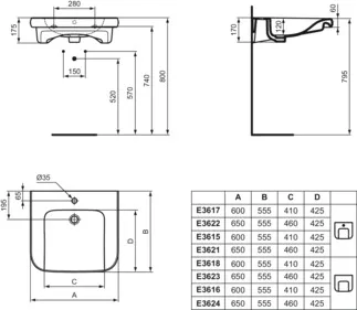IDEAL STANDARD CONTOUR 21+ - Umyvadlo 600x555x175 mm, bílé lesklé, 1 otvor pro baterii, s přepadem - SmartGuard+ #E3617HY - Bílá (SmartGuard), obrázek 6