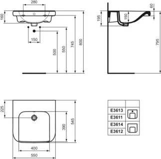 IDEAL STANDARD CONTOUR 21+ - Umyvadlo 550x545x195 mm v bílé lesklé barvě, bez otvoru pro baterii, bez přepadu - SmartGuard+ #E3612HY - White (SmartGuard), obrázek 5