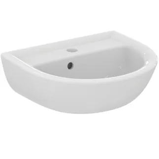 IDEAL STANDARD EUROVIT - Umyvadlo s ručním oplachováním 450x350x155 mm, bílé lesklé, 1 otvor pro baterii, s přepadem - Prostorově úsporné umyvadlo #E872101 - Bílá (Alpine)