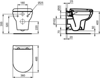IDEAL STANDARD EXACTO - Závěsný WC balíček 360x485x405 mm v bílé lesklé barvě, plné splachování CL1 3,9 - 6 l/min, horizontální odtok - CL1, CL2, bez okrajů, SoftClosing WC, prostorově úsporné WC #R002601 - Bílá (Alpine), obrázek 8