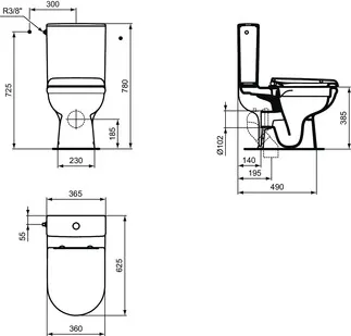 IDEAL STANDARD EXACTO - Podlahový klozet pro kombinovaný (otevřený zadní) balíček 360x625x780 mm, mechanický v bílé lesklé barvě - Bezobroučková splachovací technologie RimLS+, SoftClosing WC, EPD #R006901 - Bílá (Alpine), obrázek 2