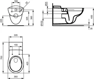 IDEAL STANDARD CONTOUR 21 - Závěsné WC 360x700x365 mm v bílé lesklé barvě, plné splachování CL1 5,9 - 6 l/min, horizontální odtok - CL1, CL2, bez okrajů, SmartGuard+ #S3069HY - Bílá (SmartGuard)