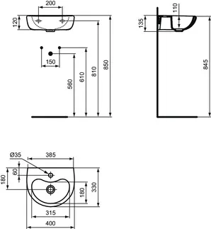 IDEAL STANDARD CONTOUR 21 - Umyvadlo s ručním oplachováním 400x330x135 mm v bílé lesklé barvě, 1 otvor pro baterii, bez přepadu - Prostorově úsporné umyvadlo #S263901 - Bílá (Alpine), obrázek 2