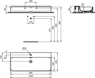 IDEAL STANDARD CONCA - Umyvadlo 1000x450x165 mm v bílé barvě, 1 otvor pro baterii, s přepadem - IdealPlus #T3832MA - White (Alpine) s Ideal Plus, obrázek 5