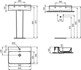 IDEAL STANDARD CONCA - Umyvadlo 600x450x165 mm v bílé barvě, 1 otvor pro baterii, s přepadem - IdealPlus #T3691MA - White (Alpine) s Ideal Plus, obrázek 5