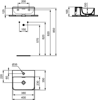 IDEAL STANDARD CONCA - Umyvadlo s ručním oplachováním 400x350x165 mm, bílé lesklé, 1 otvor pro baterii, s přepadem - prostorově úsporné umyvadlo #T369501 - Bílá (Alpine), obrázek 5