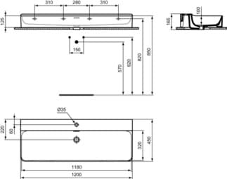 IDEAL STANDARD CONCA - Umyvadlo 1200x450x165 mm v bílé barvě, 1 otvor pro baterii, s přepadem - IdealPlus #T3694MA - White (Alpine) s Ideal Plus, obrázek 5