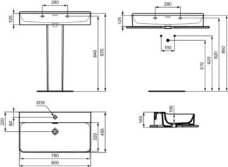 IDEAL STANDARD CONCA - Umyvadlo 800x450x165 mm v bílém lesku, 1 otvor pro baterii, s přepadem #T382601 - Bílá (Alpine), obrázek 4