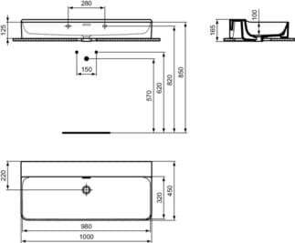 IDEAL STANDARD CONCA - Umyvadlo 1000x450x165 mm v bílém lesku, bez otvoru pro baterii, s přepadem #T379901 - Bílá (Alpine), obrázek 5