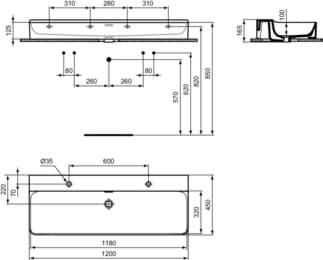 IDEAL STANDARD CONCA - Umyvadlo 1200x450x145 mm v bílém lesku, 2 otvory pro baterii, s přepadem #T383901 - Bílá (Alpine), obrázek 5