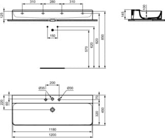 IDEAL STANDARD CONCA - Umyvadlo 1200x450x145 mm v bílém lesku, 3 otvory pro baterii, bez přepadu #T384301 - Bílá (Alpine), obrázek 5