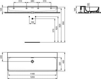 IDEAL STANDARD CONCA - Umyvadlo 1200x450x165 mm v bílém lesku, bez otvoru pro baterii, s přepadem #T384101 - Bílá (Alpine), obrázek 5