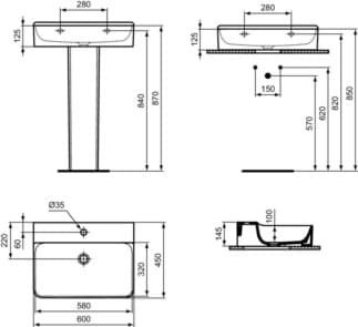 IDEAL STANDARD CONCA - Umyvadlo 600x450x145 mm v bílém lesku, 1 otvor pro baterii, bez přepadu #T379001 - Bílá (Alpine), obrázek 5