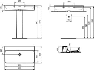 IDEAL STANDARD CONCA - Umyvadlo 800x450x165 mm v bílé barvě, bez otvoru pro baterii, s přepadem - IdealPlus #T3794MA - White (Alpine) s Ideal Plus, obrázek 5