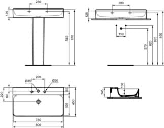IDEAL STANDARD CONCA - Umyvadlo 800x450x145 mm v bílé barvě, 3 otvory pro baterii, bez přepadu - IdealPlus #T3830MA - White (Alpine) s Ideal Plus, obrázek 5