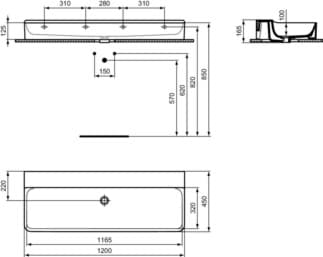 IDEAL STANDARD CONCA - Umyvadlo 1200x450x145 mm v bílé barvě, bez otvoru pro baterii, bez přepadu - IdealPlus #T3809MA - White (Alpine) s Ideal Plus, obrázek 5