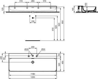 IDEAL STANDARD CONCA - Umyvadlo 1200x450x165 mm v bílé barvě, 3 otvory pro baterii, s přepadem - IdealPlus #T3840MA - Bílá (Alpine) s Ideal Plus, obrázek 5
