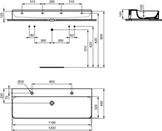 IDEAL STANDARD CONCA - Umyvadlo 1200x450x145 mm v bílé barvě, 2 otvory pro baterii, bez přepadu - IdealPlus #T3844MA - White (Alpine) s Ideal Plus, obrázek 5