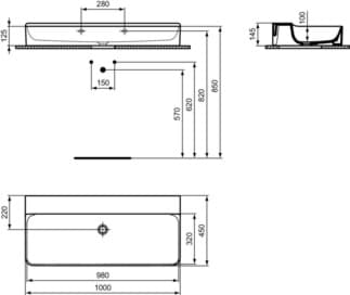 IDEAL STANDARD CONCA - Umyvadlo 1000x450x145 mm v bílém lesku, bez otvoru pro baterii, bez přepadu #T383701 - Bílá (Alpine), obrázek 5