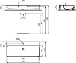 IDEAL STANDARD CONCA - Umyvadlo 1000x450x145 mm, bílé lesklé, 1 otvor pro baterii, bez přepadu #T380001 - Bílá (Alpine), obrázek 5