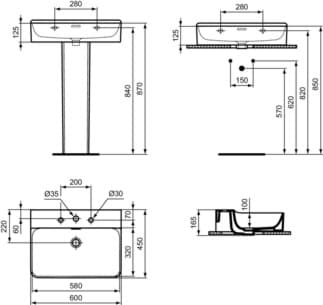 IDEAL STANDARD CONCA - Umyvadlo 600x450x165 mm v bílém lesku, 3 otvory pro baterii, s přepadem #T378801 - Bílá (Alpine), obrázek 5