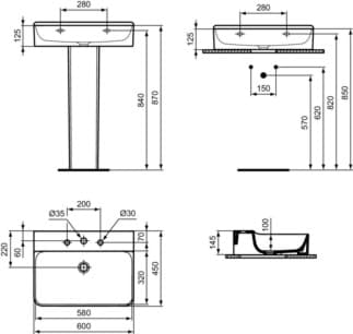 IDEAL STANDARD CONCA - Umyvadlo 600x450x145 mm v bílé barvě, 3 otvory pro baterii, bez přepadu - IdealPlus #T3791MA - White (Alpine) s Ideal Plus, obrázek 5