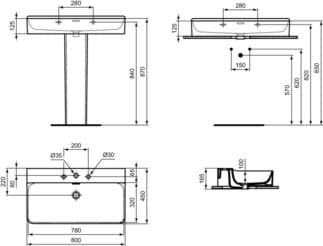 IDEAL STANDARD CONCA - Umyvadlo 800x450x165 mm v bílém lesku, 3 otvory pro baterii, s přepadem #T379301 - Bílá (Alpine), obrázek 5