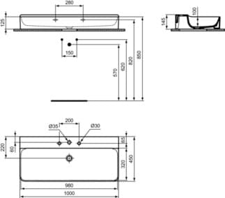 IDEAL STANDARD CONCA - Umyvadlo 1000x450x145 mm v bílé barvě, 3 otvory pro baterii, bez přepadu - IdealPlus #T3801MA - White (Alpine) s Ideal Plus, obrázek 5