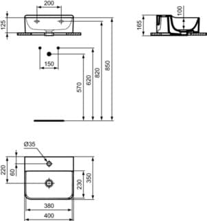 IDEAL STANDARD CONCA - Umyvadlo s ručním oplachováním 400x350x165 mm v bílé barvě, 1 otvor pro baterii, bez přepadu - prostorově úsporné umyvadlo, IdealPlus #T3874MA - Bílá (Alpine) s Ideal Plus, obrázek 5