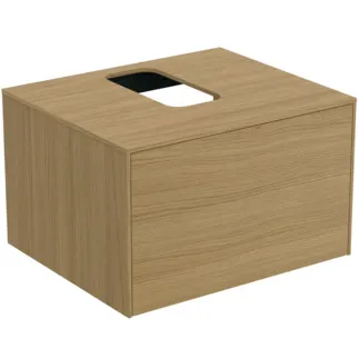 IDEAL STANDARD CONCA - Toaletní stolek 602x505x370 mm, světlá dubová dýha, 1 zásuvka - bez úchytky, s plným výsuvem, otevírání push-to-open, soft-close, předem smontovaný, dřevo z udržitelných zdrojů, dýha z pravého dřeva #T3928Y6 - světlý dub