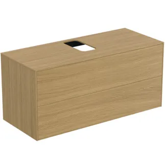 IDEAL STANDARD CONCA - toaletní stolek 1202x505x550 mm, světlá dubová dýha, 2 zásuvky - bez úchytky, plný výsuv, otevírání push-to-open, SoftClosing, předmontováno, dřevo z udržitelných zdrojů, pravá dřevěná dýha #T3943Y6 - světlý dub