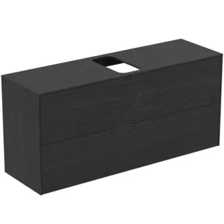 IDEAL STANDARD CONCA - Toaletní stolek 1202x373x550 mm v dubové dýze s fládrováním, 2 zásuvky - bez úchytky, plný výsuv, otevírání push-to-open, SoftClosing, předmontované, dřevo z udržitelných zdrojů, pravá dřevěná dýha #T3949Y4 - dub fládrovaný