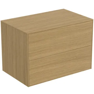 IDEAL STANDARD CONCA - toaletní stolek 802x505x550 mm ve světlé dubové dýze, 2 zásuvky - bez úchytek, s plným výsuvem, s otevíráním Push-to-open, SoftClosing, předem smontovaný, dřevo z udržitelných zdrojů, pravá dřevěná dýha #T4322Y6 - světlý dub