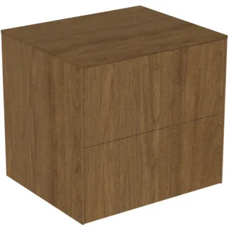 IDEAL STANDARD CONCA - toaletní stolek 602x505x550 mm v dekoru tmavý ořech, 2 zásuvky - bez úchytky, plný výsuv, otevírání push-to-open, SoftClosing, předmontováno, dřevo z udržitelných zdrojů, dýha z pravého dřeva #T4321Y5 - tmavý ořech
