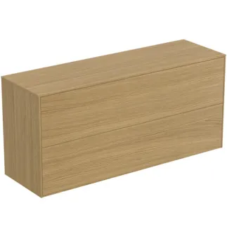 IDEAL STANDARD CONCA - toaletní stolek 1202x373x550 mm, světlá dubová dýha, 2 zásuvky - bez úchytky, plný výsuv, otevírání push-to-open, SoftClosing, předmontováno, dřevo z udržitelných zdrojů, pravá dřevěná dýha #T4330Y6 - světlý dub